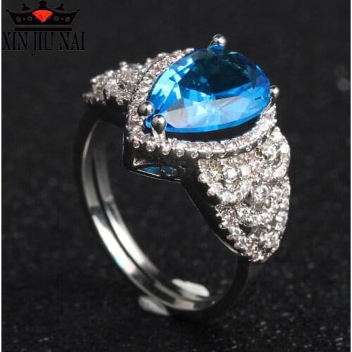 Luxury Elegant Blue Water Drop Sapphire Ring AAA Zircon Claw Ring Marine Heart Womens Shiny Lady Wedding Ring Anniversary Gift