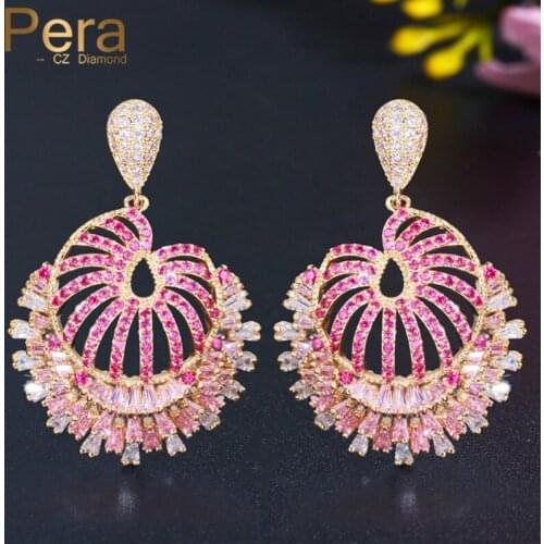 Pera Luxury Hot Pink Baguette Cubic Zirconia Yellow Gold Long Big Geometry Drop Wedding Party Dangle Earring for Bridesmaid E610