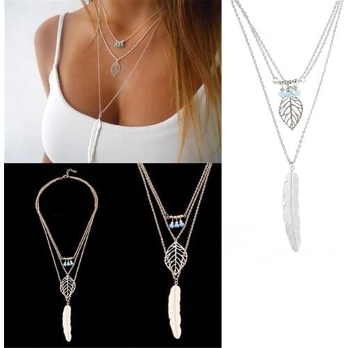 Creative Long Metal Leaf Feather Sweater Necklace Multi-Layer Necklace For Women European And American Lady Jewelry