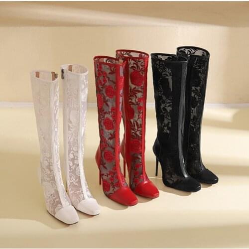 Zapatos De Mujer 2021 Embroidered Boots Women Mesh Knee High Boots Stilettos Heel Shoes Spring Summer Plus Size 48 FV-114