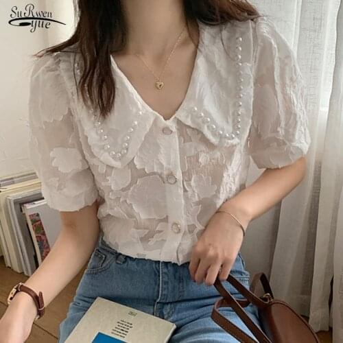 Korean Style Knitted Lace Blouse Women Sweet Female Fashion Puff Sleeve Top Doll Collar Retro Beading Womens Shirt Blusas 15431