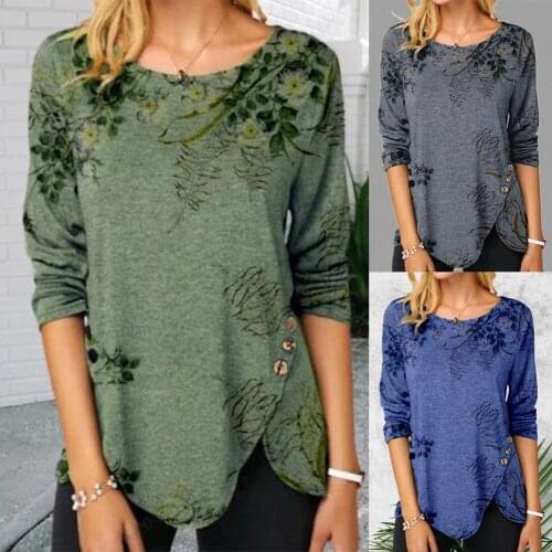 Women Autumn Long Sleeve Tunic Top Floral Print Irregular Hem Womens Clothing женские футболки mujer camisetas 2020