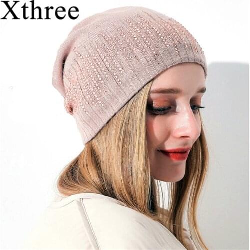 Xthree Female Cashmere winter hat knitted Beanies hat for women hat Skullies Rhinestone wool hat autumn girls gorros invierno