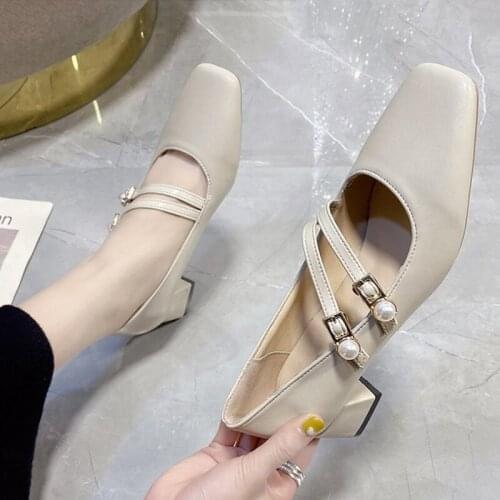 Women Mary Jane Shoes Pearl Buckle Strap Ladies Pumps Spring 2021 Square Toe Chunky Heels Female Single Footwear PU Leather Shoe