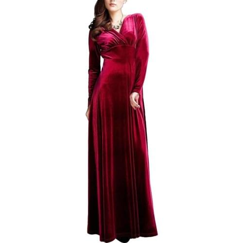 Hot summer Vintage Dresses Women Autumn Long Sleeve V Neck Pleated Velvet Banquet Party Maxi Dress
