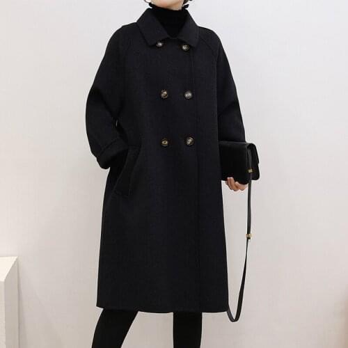 2021 Autumn Double-faced Woolen Coat Womens Vintage Black Long Double Breasted Jackets High Quality Coat Casaco Feminino Gmm102