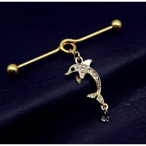 1pcs New Surgical Stainless Steel 14G gold dolphin Industrial Barbell Piercing dangle Ear Piercing Jewelry free shipping