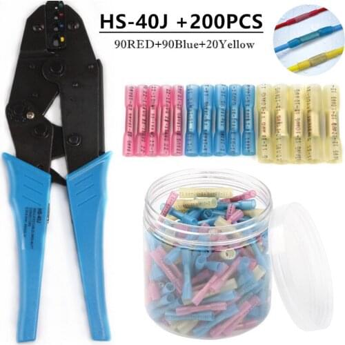 200PCS Heat Shrink Terminals Butt Connectors Crimping Plier Waterproof Connector Ratchet Pliers Pre-Insulated HS-40J 23-10AWG