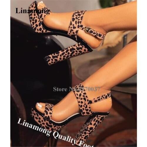 Linamong Sexy Leopard Suede Leather High Platform Chunky Heel Sandals Printed Ankle Strap Buckles Thick High Heel Sandals