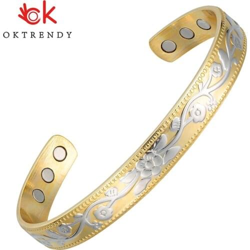 OKtrendy Gold Color Pure Copper Bracelet Magnet Therapy Bangle with Flower Carving Charm Bracelets & Bangles For Women Jewelry