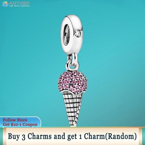 Ahthen S925 Sterling Silver Beads Pave Ice Cream Cone Dangle Charms fit Original Pandora Bracelets Women DIY Jewelry Making