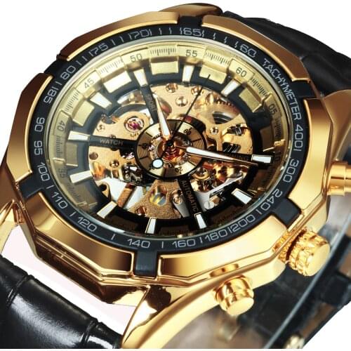 Forsining Golden Black Skeleton Clock Two Button Decoration Mechanical Watch Fashion Genuine Leather Wrist Watches for Men Gift