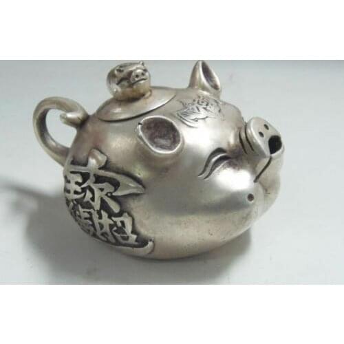 Decorated Old Handwork Tibet Silver Collectable Old Style Lifelike Pig Teapot