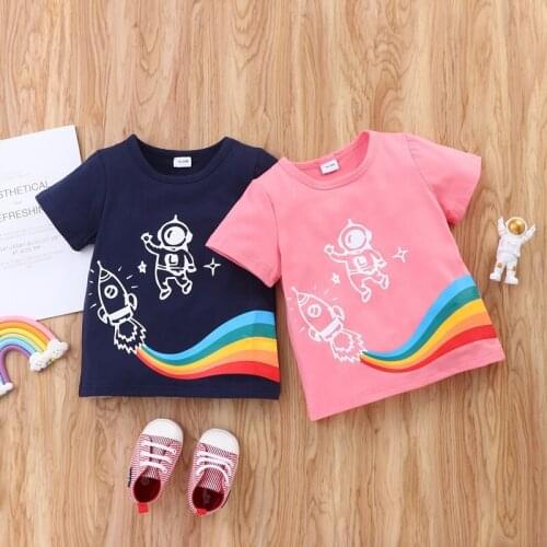 Kids Clothes Unisex Children Clothes Cartoon Rainbow Rocket Short Sleeve T-shirt Cotton Casual Boys Clothes Girls Clothes 0-6Y