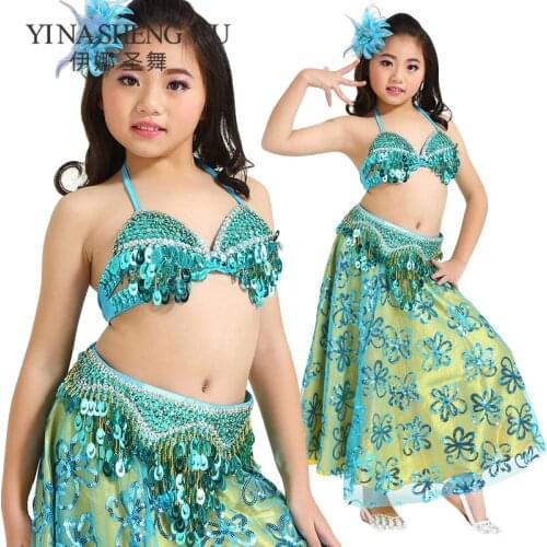Children Professional Belly Dancing Clothes Beaded Bra Belt Butterfly Sequins Skirt Kids Belly Dance Stage Performance Costumes