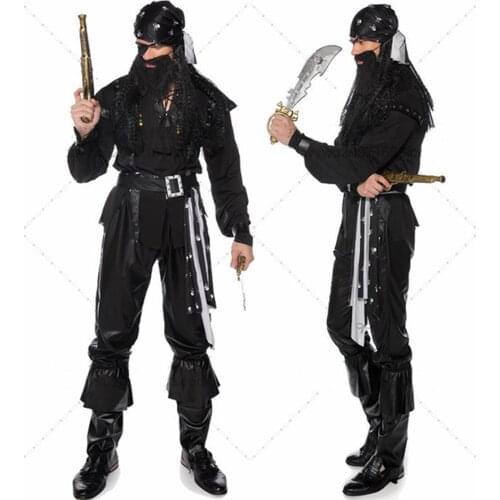 Halloween Adults Pirate Black Suit Set Costume Fancy Dress Up Party Stage Performance Cosplay Uniform for Mens Full Suit