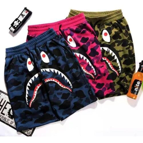 Summer Fashion Mens Camouflage Shark Funny Print Five-Point Cotton Sports Pants Male Gothic Style Straight Casual Beach Shorts