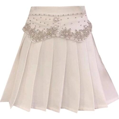 Ins European American Handmade Diamond Beads Sweet Ladies Pleated Skirts Women Cute Girls Mini Skirt A-Line