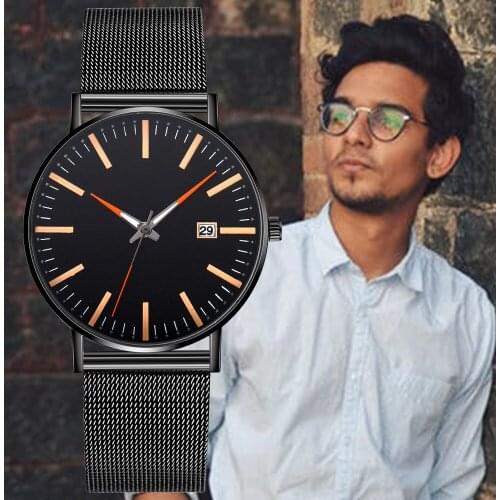 Fashion Men Watches Sports Creative Color Scale Stainless Steel Mesh belt Quartz Watch Calendar Function Clocks erkek kol saati