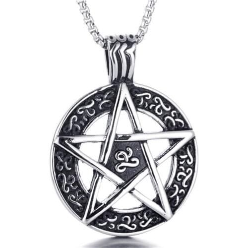 Mens Punk Celtic Wicca Pentagram Star Amulet Pendant with 316L Stainless Steel Chain Necklace Jewelry