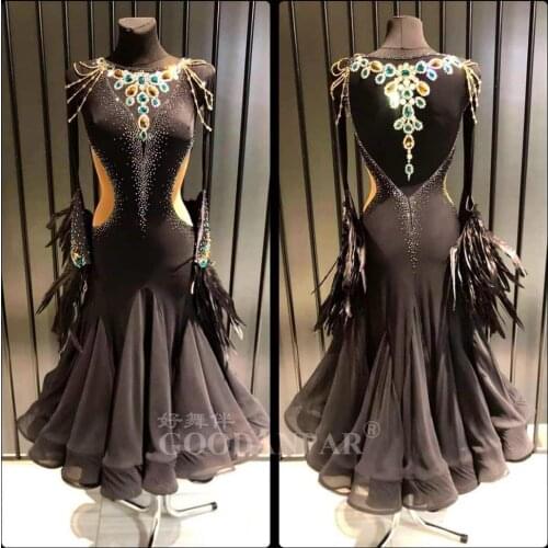 New! costumes ballroom dance dress for women competition dresses standard dress black dancing clothes long sleeve feather