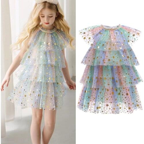 Girls Ruffle Princess Dress Lace Tulle Star Sequins Fluffy Gown For Kids Wedding Formal Party Tutu Frocks Children Fairy Clothes
