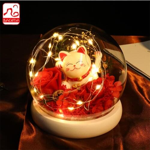 Baceda Valentines Day gift Fortune Cat Lucky Cat Enternal Immortalized flower with glass cover gift box birthday gift
