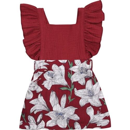 1-3Years Girls Casual Dress Floral Printed Pattern Square Collar Sleeveless One-piece, Red/ Brown
