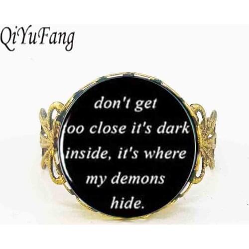 Qiyufang Black Dome leather Ring chain Song Lyrics Quote Music Jewelry Demons Link Chain Glass Cabochon Rings man