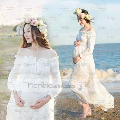 Pregnant Photography Props Photo Shoot Beautiful White Lace Hollow Maternity Shoulderless Dress Studio Fancy Elegant
