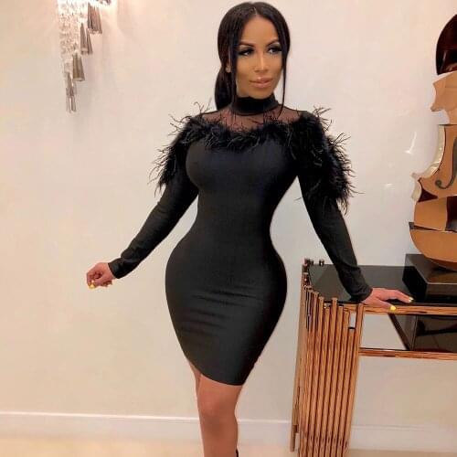Feather Mesh Patchwork Sexy Bodycon Dress Women Long Sleeve Black Bandage Dress Elegant Birthday Party Mini Cocktail Dress Robe