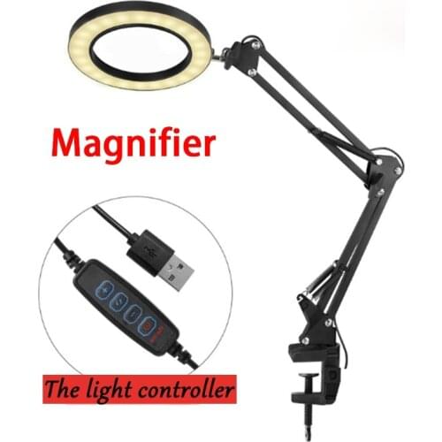 Foldable Professional 5X Magnifying Glass Desk Lamp Magnifier LED Light Reading Lamp with Three Dimming Modes USB Power Supply