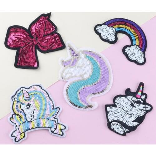 5pcs/lot PET Sequins Embroidery Cloth Stickers Iron on Unicorn Patches Thermo Adhesive Bow-knot Badges Kids Clothes Appliques