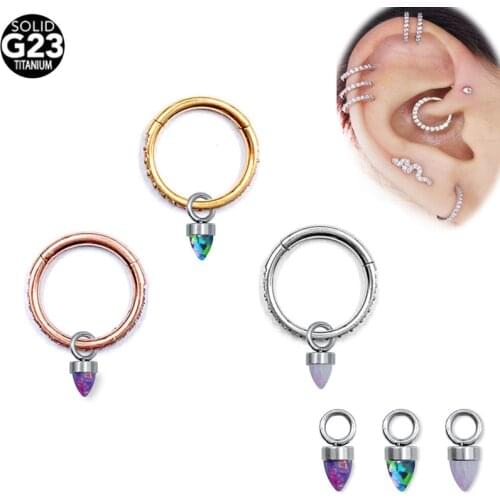 16G Opal Pendant G23 F136 Titanium Nose Ring Hinge Clicker Open Diaphragm Nose Ring Fashion Lady Piercing Jewelry Earrings