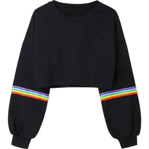 High Quality Womens Long Sleeve Striped Crop Rainbow Stripes Short Sweatshirt Jumper Black Pullover Top Sudadera Rainbow Hoodies