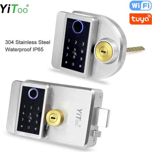 YiToo 304 Stainless Steel IP65 Outdoor Waterproof Fingerprint Door Lock Tuya Wifi Remote Control RFID Cards Unlock USB Battery