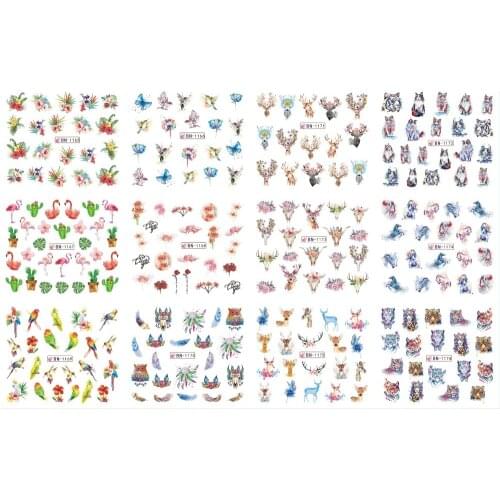 UPRETTEGO 12 PACK/ LOT WATER DECAL NAIL ART NAIL STICKER FULL COVER BIRD FLAMINGO DEER HEAD BONE TIGER BUTTERFLY BN1165-1176