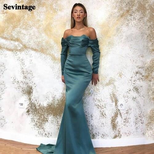 Sevintage Off the Shoulder Mermaid Evening Dresses Satin Long Sleeves Prom Gowns Pleats Custom Made Princess Party Dress 2021