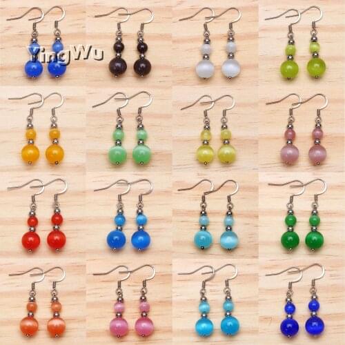 Yingwu FREE wholesale 10Pairs Natural Cat Eye stone Beads Double Layer Round Beads Stainless Steel Earring