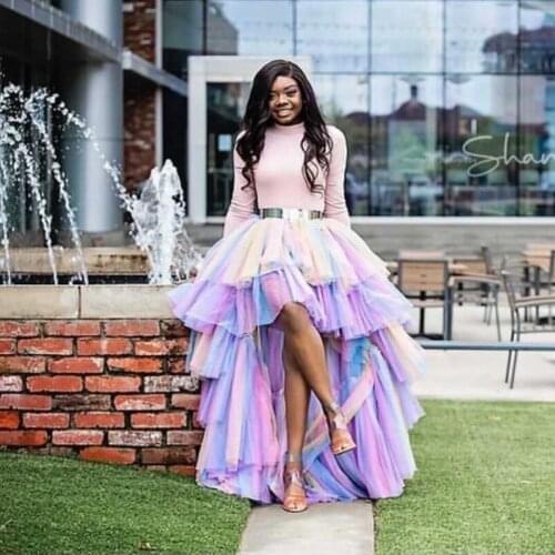 Fashion Colourful Rainbow Skirt Hi Lo Tulle Layered Ruffles Skirts Birthday Party Photograph Plus Size Custom Made