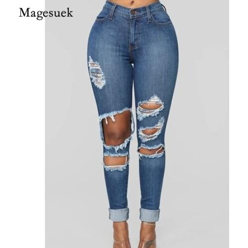High Waist Ripped Washed Jeans Cotton Skinny Jeans for Women 2021 Autumn New Denim Jeans Pencil Pants Full Length Trouser 16221