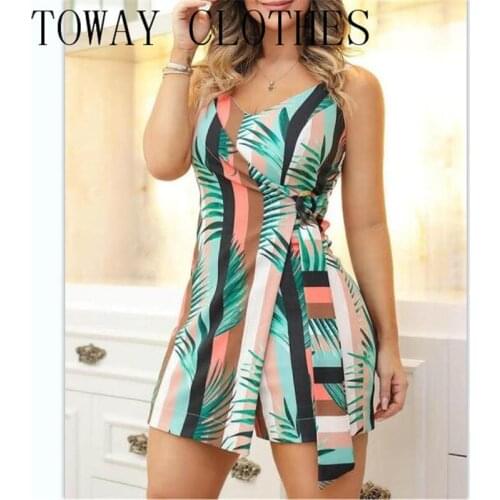 V-Neck Tropical Print Spaghetti Strap Romper Sexy One Piece Summer Playsuit For Women 2021