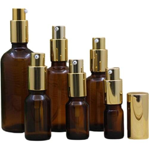 Gold Spray Lotion Pump Emulsion Refillable Bottle Clear Brown Glass Perfume Packaging Bottle 5ml 10ml 20ml 30ml 50ml 100ml 15pcs