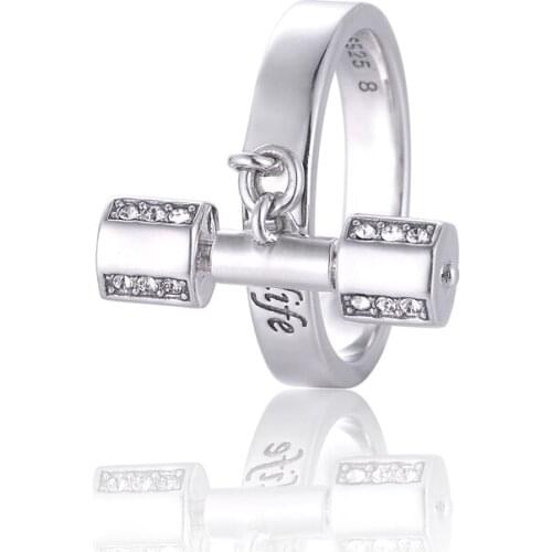 2016 Strong Is Beautiful 925 silver Rings With Dumbbell Pendant Sports Ring