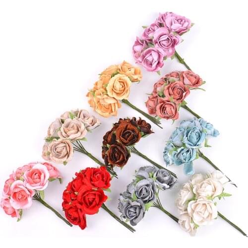 6pcs/lot Flannel Roses Silk Flowers Bouquets Wall Artificial Plants for Home Wedding Decoration Diy Bride Cap Ornamental Home