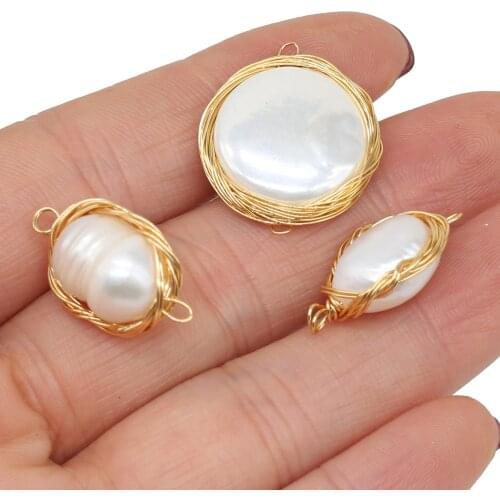 Natural Freshwater Pearl Beads Wound Copper Wire Connector Charms 2PCS For DIY Earrings Jewelry Making Accessories