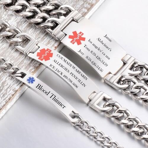 Free Engraving Stainless Steel Mens Medical Alert ID Tags Bracelet Bangle Jewelry Type 1 Diabetes