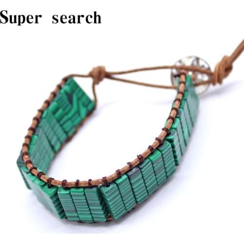 Unisex Bohemian Tube Natural Green cuboid stone Single Leather Wrap Bracelet Beaded Couples Bracelet Bestfriend Gifts Dropship