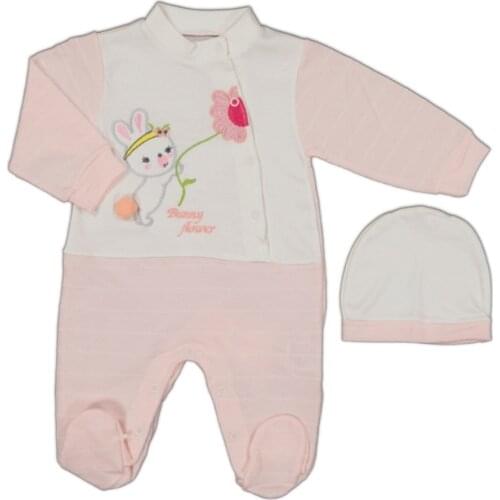 Jaju Baby Pompom Bunny Flower Embroidered Salmon Color Jumpsuit