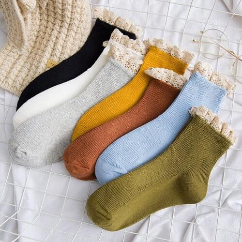 Harajuku Solid Double Needle Lace Socks Female Winter Hot Casual Cotton Socks Women Vintage Socks Sokken Calcetines Mujer